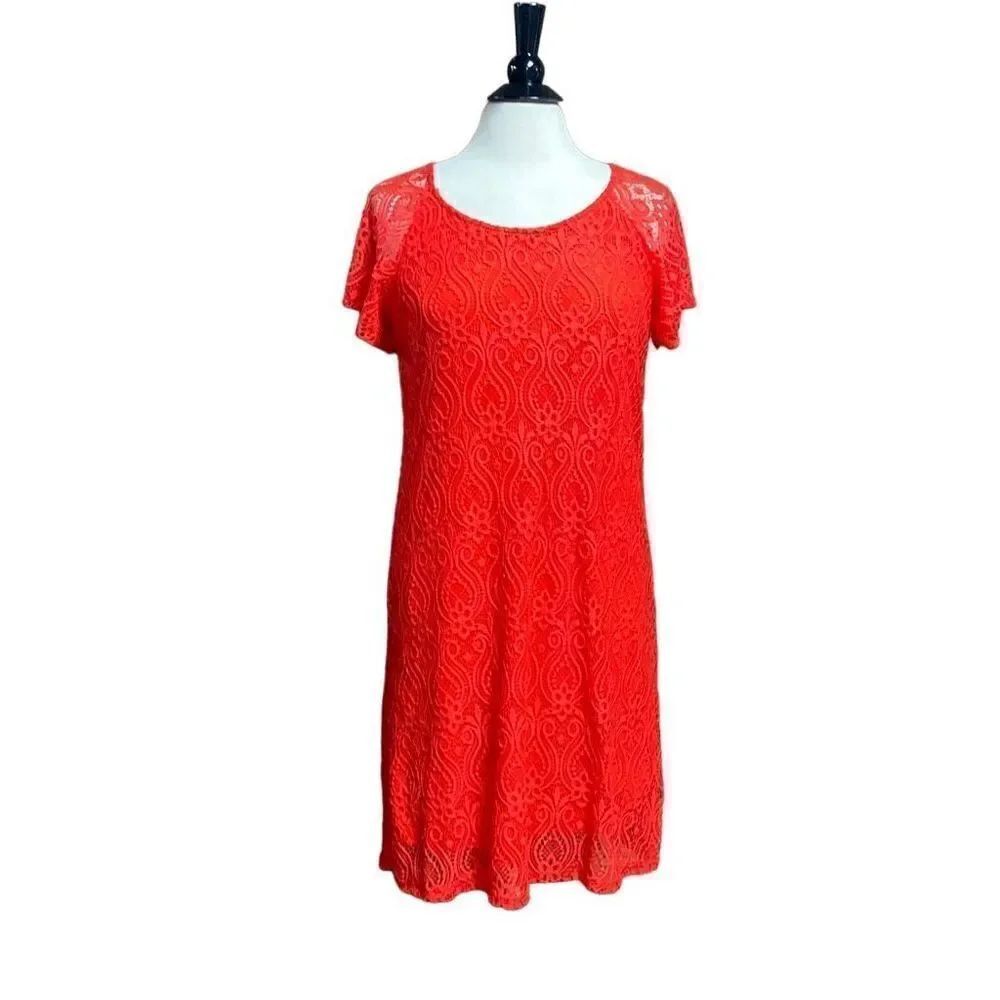 Brittany Black Red Lace Overlay Short Sleeve Dress Size Medium